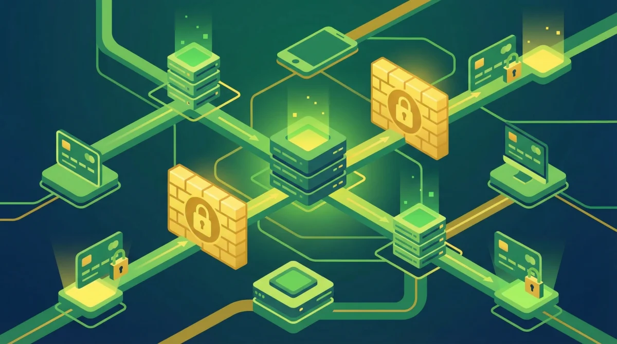 Dữ liệu thẻ an toàn được bảo vệ bởi tường lửa và khóa, luân chuyển mượt mà trong mạng lưới kỹ thuật số. Màu xanh lá và vàng tượng trưng cho sự an tâm và thành công trong giao dịch.