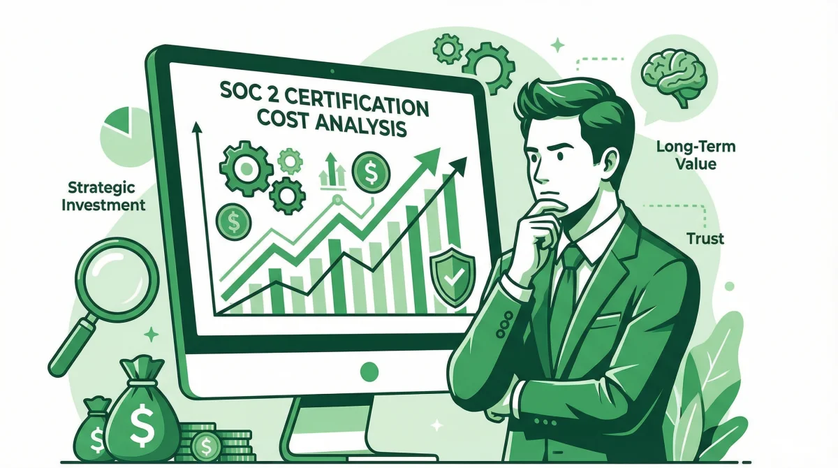 Doanh nhân phân tích chi phí chứng nhận SOC 2, thể hiện sự đầu tư chiến lược vào bảo mật.