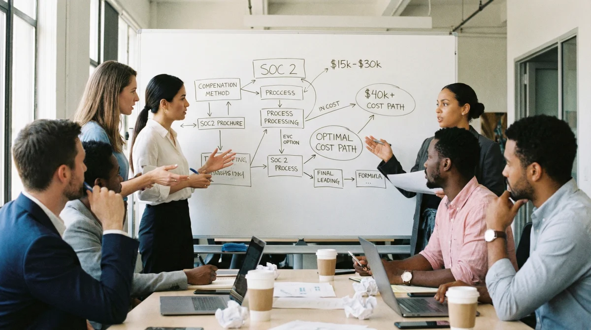 Nhóm chuyên gia đang thảo luận sôi nổi, cùng nhau tìm kiếm giải pháp tối ưu chi phí cho chứng nhận SOC 2.