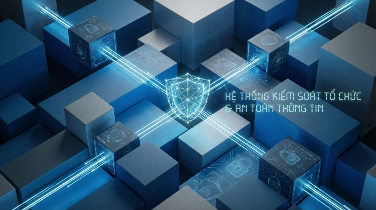Khối hình học xanh dương và xám, cùng những đường nét kết nối, biểu tượng cho hệ thống kiểm soát tổ chức và an toàn thông tin vững chắc.