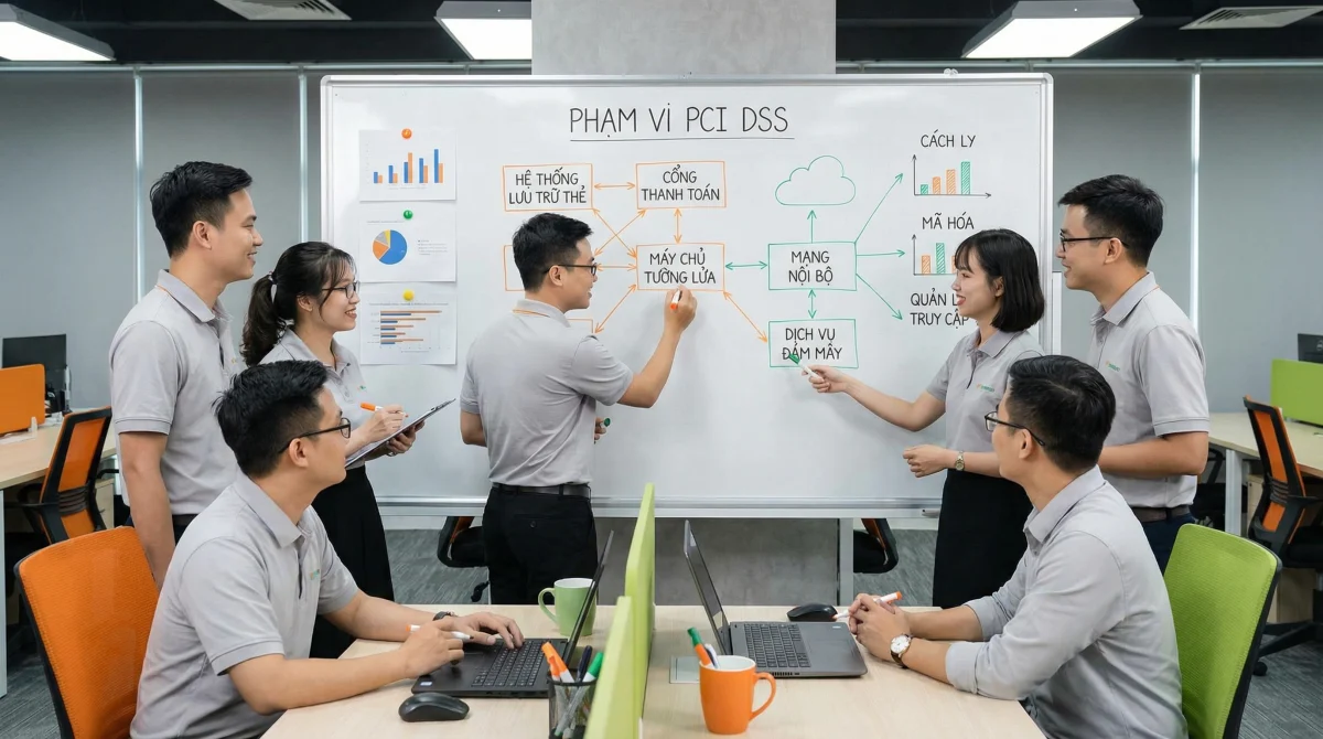 Nhóm chuyên gia IT đang cùng nhau thảo luận và phác thảo sơ đồ về "Phạm vi PCI DSS", thể hiện sự hợp tác và chuyên nghiệp trong việc giải quyết vấn đề.