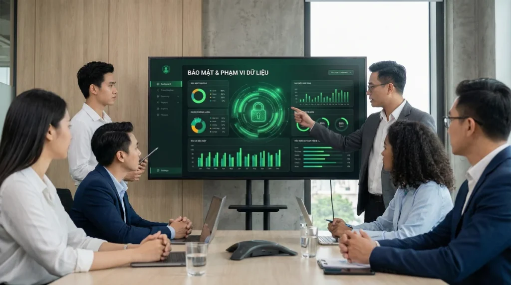 Chuyên gia IT và lãnh đạo doanh nghiệp cùng nhau phân tích dữ liệu bảo mật, tìm kiếm giải pháp công nghệ hiệu quả. Sự hợp tác chặt chẽ và tập trung vào kết quả là chìa khóa cho chiến lược an ninh mạng vững chắc.