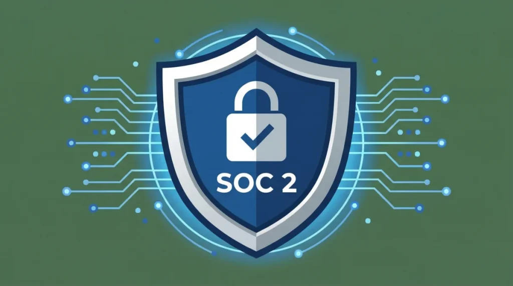 Biểu tượng khiên kỹ thuật số tượng trưng cho bảo mật dữ liệu và chứng nhận SOC 2, mang đến cảm giác chuyên nghiệp và tin cậy.