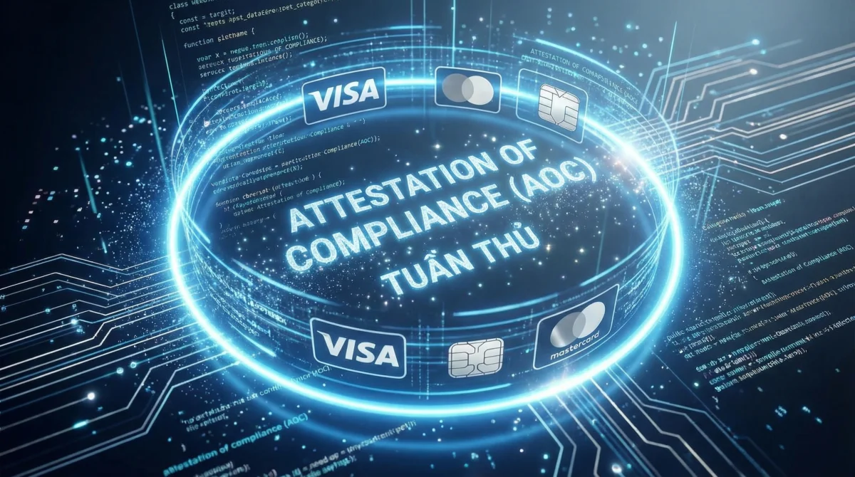 Vòng tròn ánh sáng xanh bao quanh mã code và biểu tượng thẻ thanh toán: biểu tượng cho sự tuân thủ và chứng nhận an toàn kỹ thuật số.