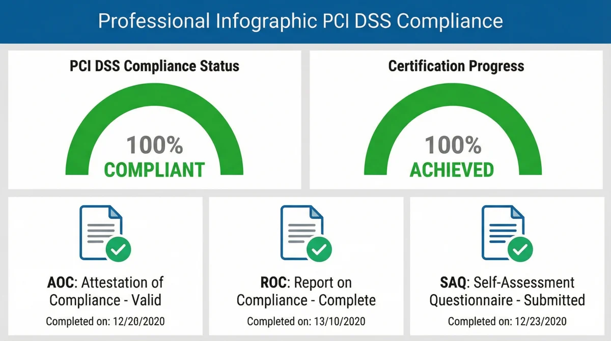 Bảng điều khiển PCI DSS trực quan, minh chứng cho quy trình tuân thủ hiệu quả với các chỉ số màu xanh lá cây đạt tối đa. Giao diện chuyên nghiệp, sạch sẽ, thể hiện sự rõ ràng trong chứng nhận tuân thủ.