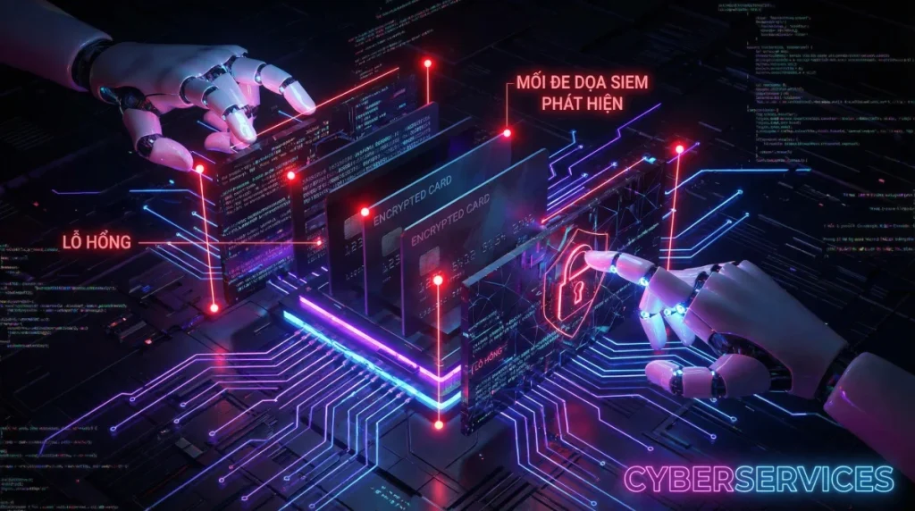 Bàn tay robot siết chặt dữ liệu thẻ, cảnh giác trước mối đe dọa tiềm ẩn được SIEM phát hiện. Cyberservices - lá chắn bảo mật vững chắc cho thế giới số.