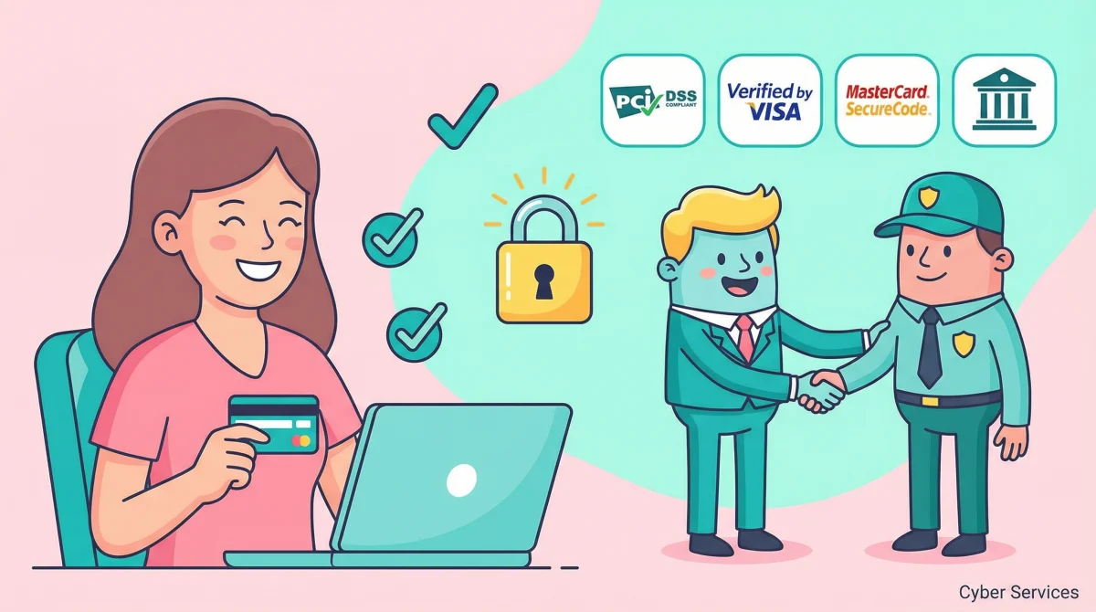 Một người khách hàng đang thực hiện giao dịch thẻ thanh toán trực tuyến một cách an toàn, với các biểu tượng bảo mật xác nhận xuất hiện, thể hiện sự tin tưởng vào ngân hàng và chuẩn PCI DSS, phong cách minh họa nhân vật (illustration), màu sắc tươi sáng, chủ yếu là hồng và xanh ngọc, mang lại cảm giác thân thiện và dễ sử dụng.Thêm chữ Cyber Services nhỏ dễ nhìn phía cuối nằm bên Trái hoặc bên phải ảnh
